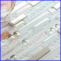 11-PCS Iridescent White Glass Mosaic Tile Silver Stainless Steel Backsplash NB01