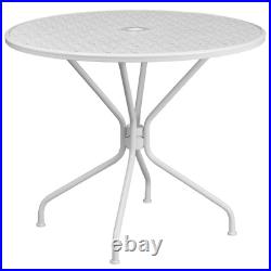 Commercial Grade 35.25 round White Indoor-Outdoor Steel Patio Table with Umbrel