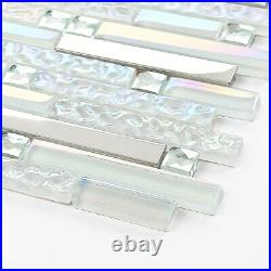 New White Interlocking Backsplash Glass Tile Iridescent Kitchen Bath Wall Deco