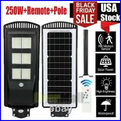 250W 9990000LM Outdoor Solar Street Light PIR Sensor Road Spotlight+Remote+Pole 