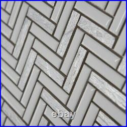White & Silver Herringbone Mosaic Tiles Sheet For Walls Floors Bathrooms